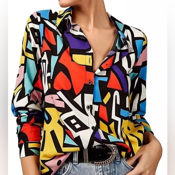 Big Dart Colorful Abstract Lightweight Button Up Wearable Art Top Shirt Size 6 - Picture 8 of 8